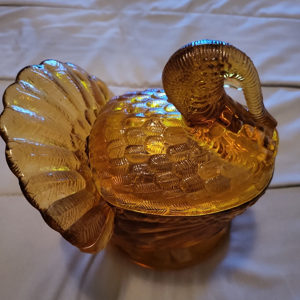 Vintage LE Smith amber glass turkey dish